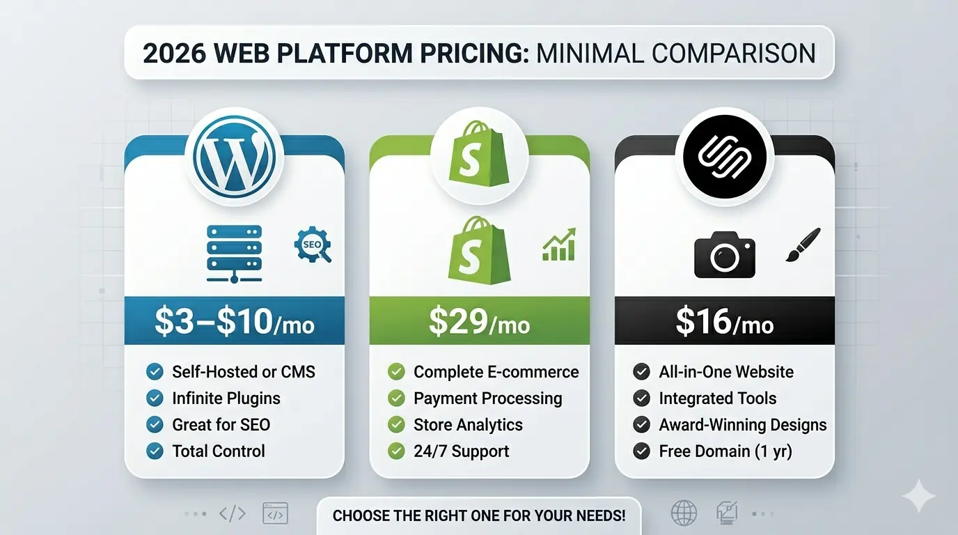 WordPress vs Shopify vs Squarespace pricing