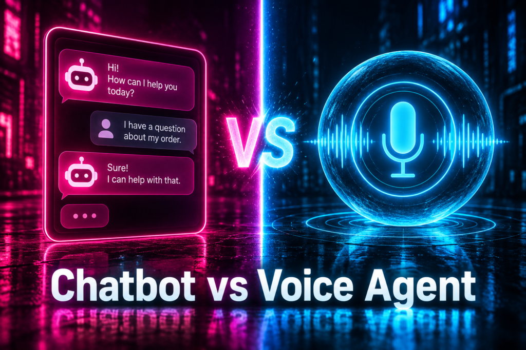 AI chatbot vs voice agent shown as a pink chat window beside a blue voice assistant orb