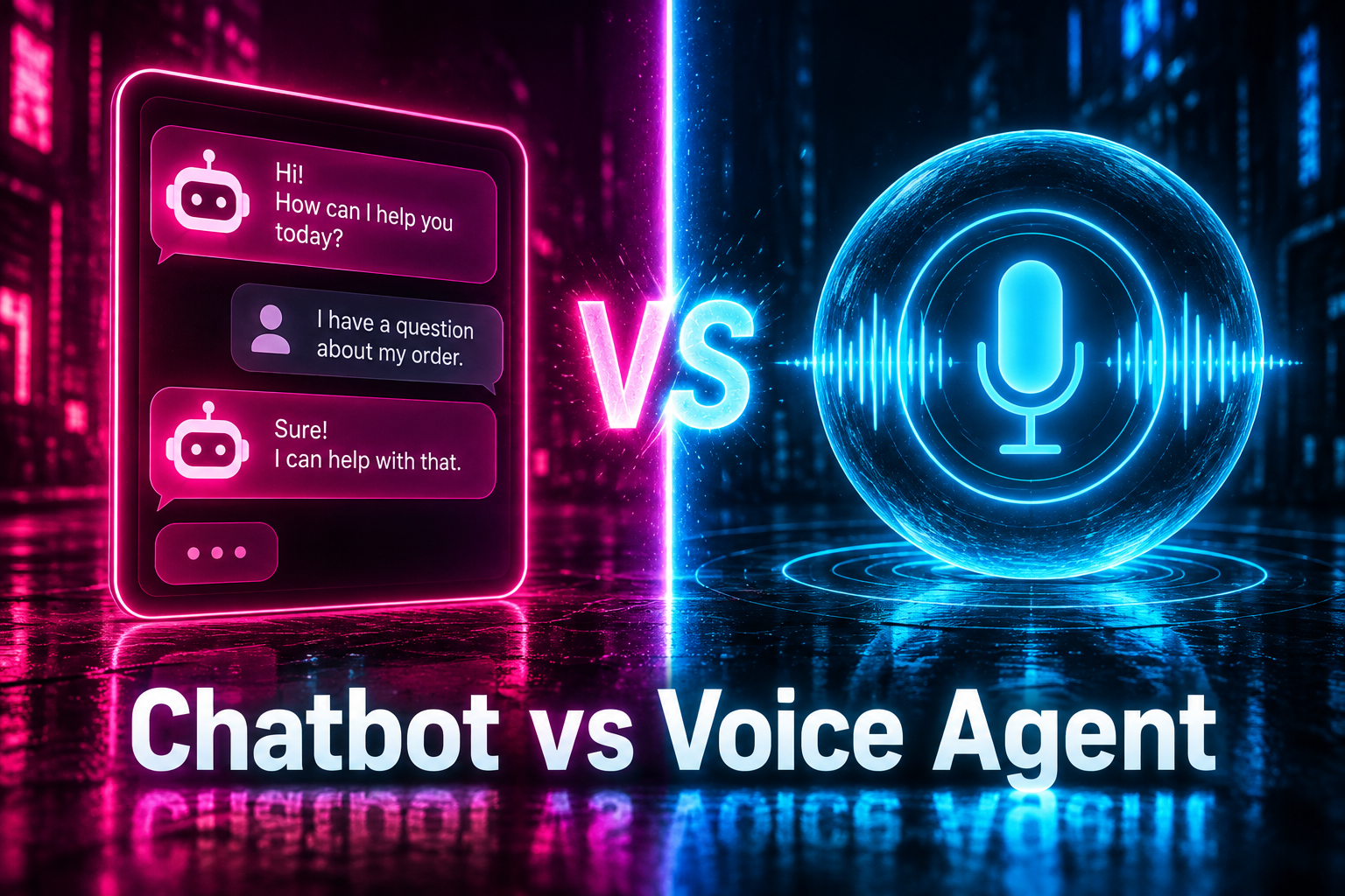 AI chatbot vs voice agent shown as a pink chat window beside a blue voice assistant orb