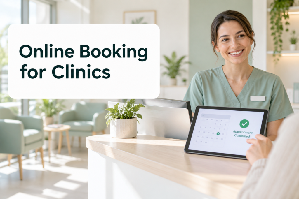 Online booking for clinics shown at a bright clinic reception with a tablet calendar