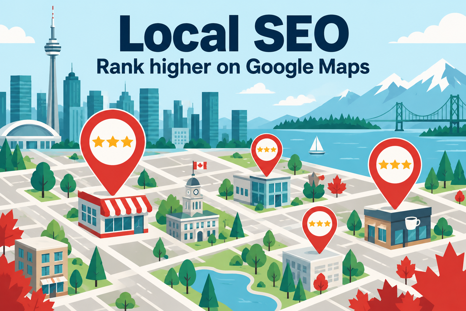 Local SEO for small businesses shown as a Canadian city map with star-rated location pins