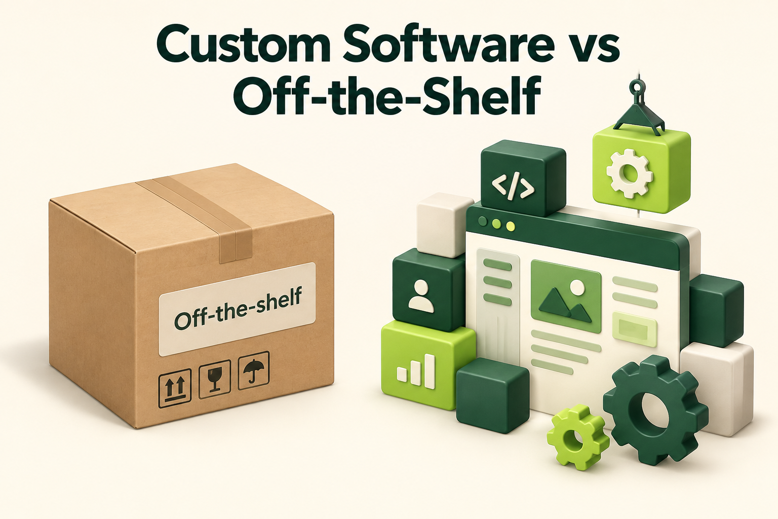 Custom software vs off-the-shelf shown as a sealed box beside custom building blocks