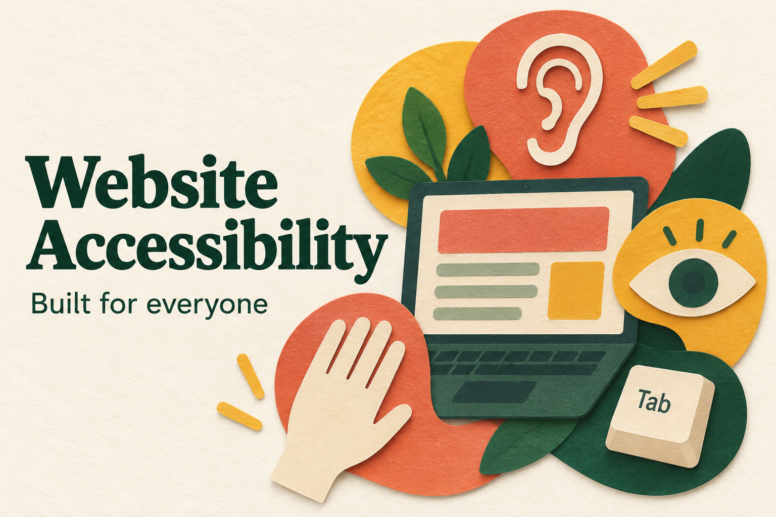 Website accessibility shown as a paper-cut illustration with a laptop, ear, eye and keyboard key