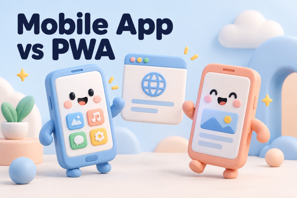Mobile app vs progressive web app shown as clay-style phones and a browser window