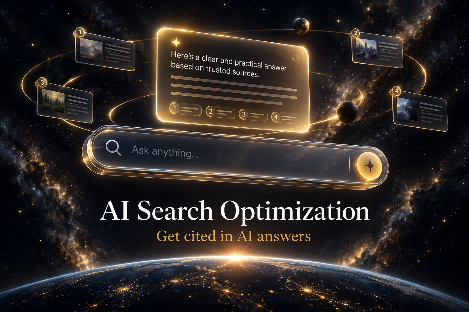 AI search optimization shown as a glowing search bar with an AI answer card