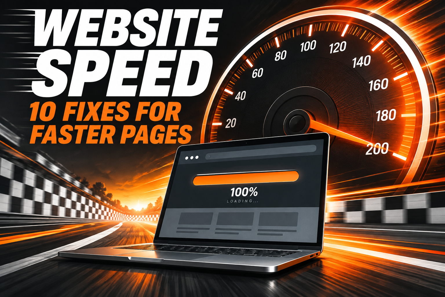Website speed optimization shown with a speedometer and a laptop loading at 100 percent