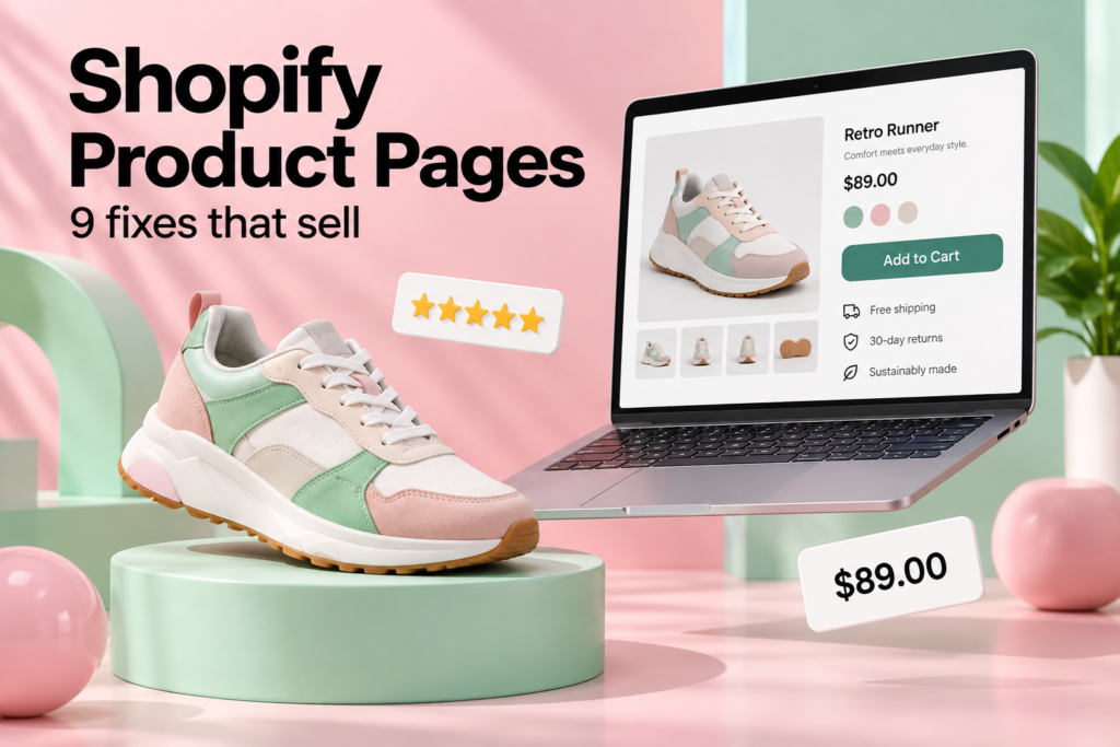 Shopify product page optimization shown with a sneaker and a laptop product page