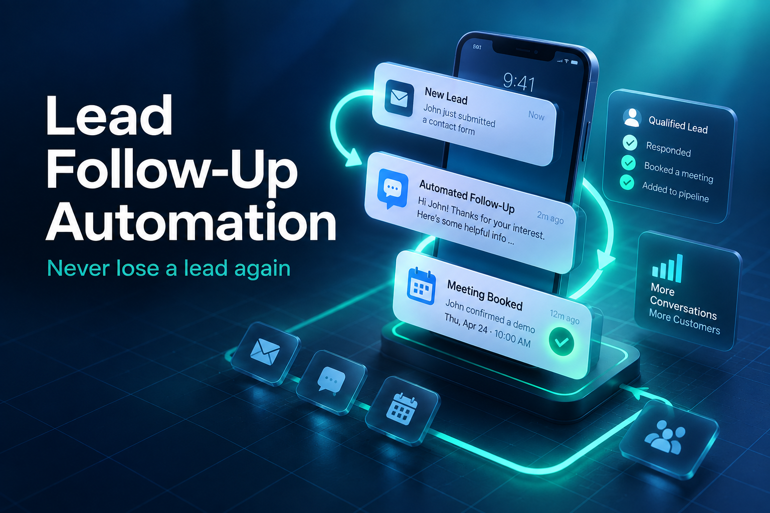 Lead follow-up automation shown as a phone with notification cards and a glowing workflow loop