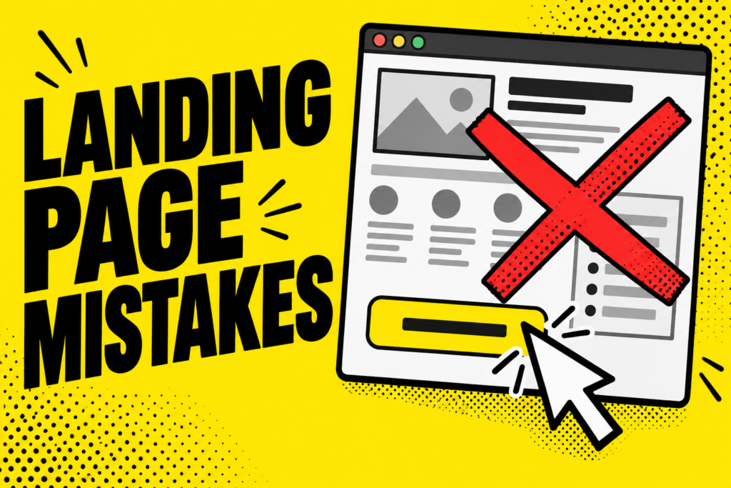 Landing page mistakes shown as a wireframe with a red cross and a call-to-action button