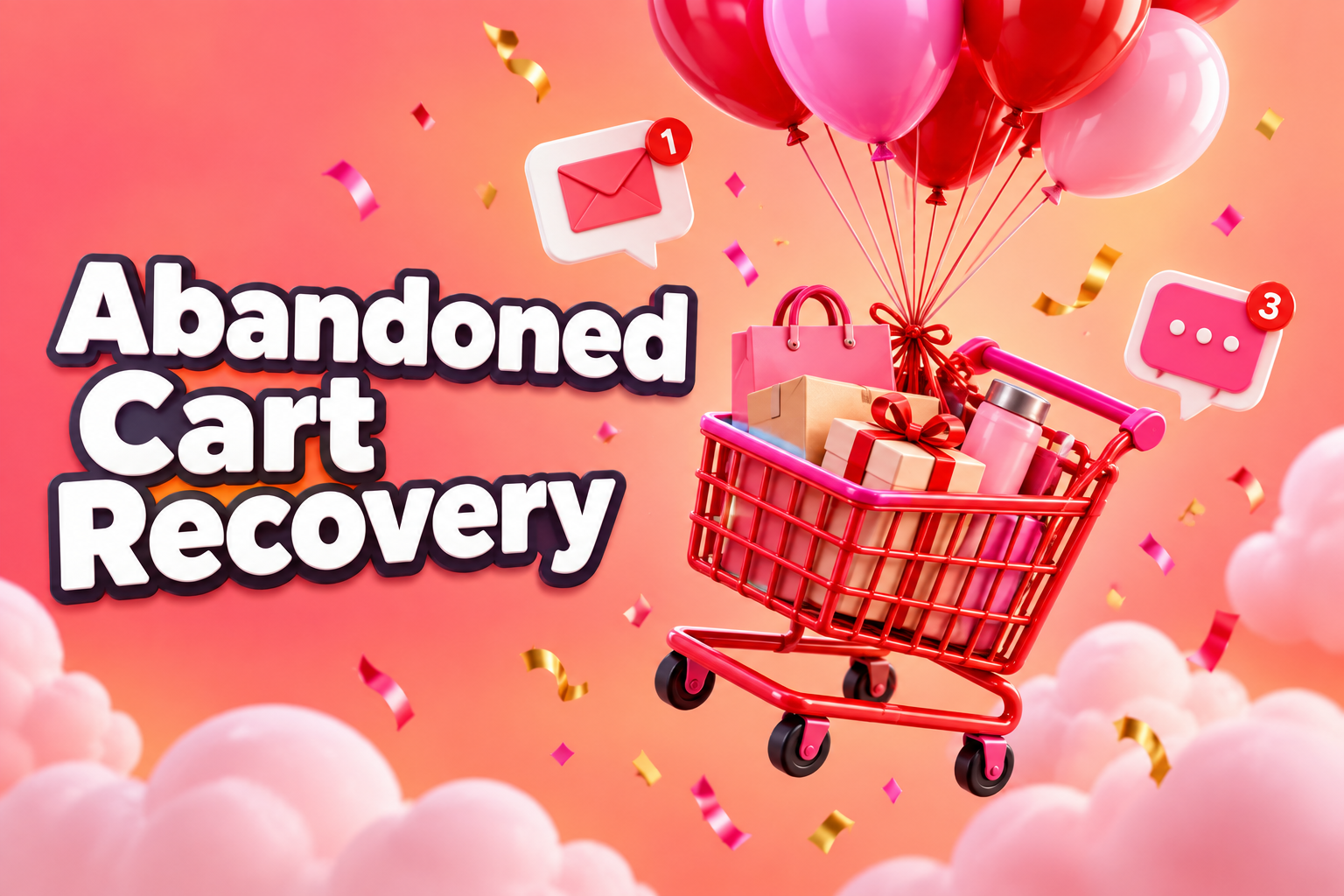 Abandoned cart recovery shown as a red shopping cart lifted by colourful balloons