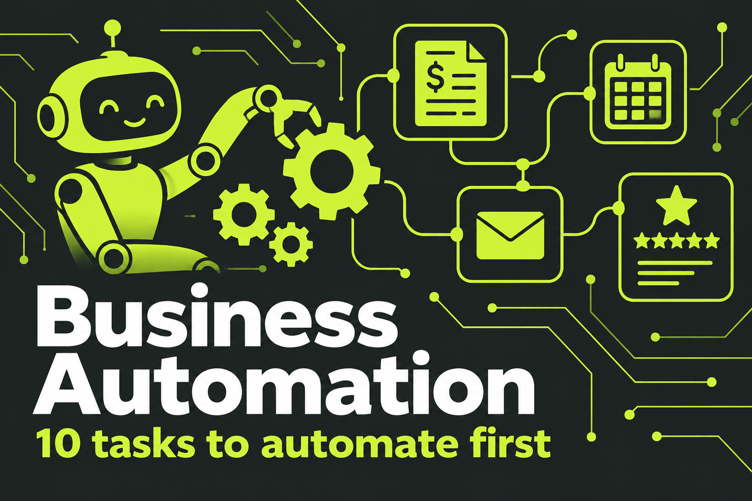 Business automation shown as a robot arm connected to invoice, calendar and email icons