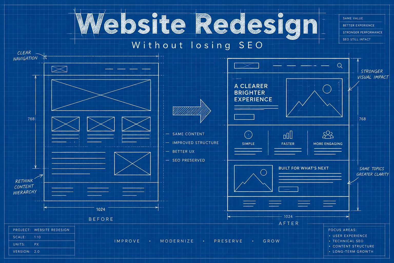 Website redesign without losing SEO shown as a before and after blueprint